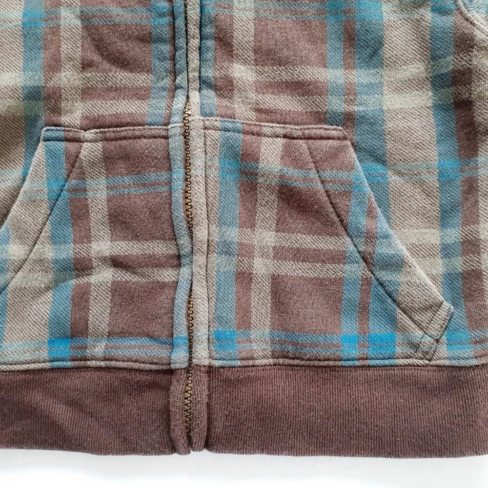 Oshkosh Boys Jacket Sweatshirt Hoodie Brown Blue Plaid Fleece Zip 3T